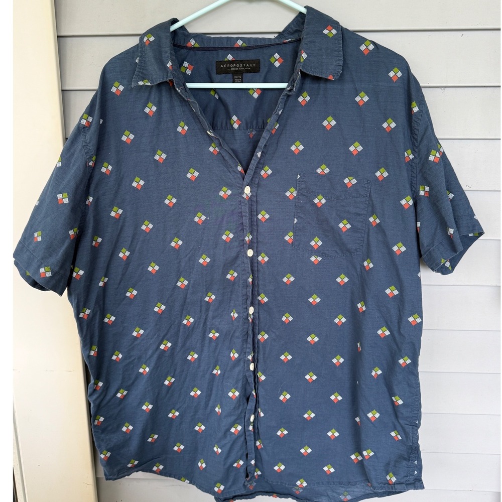 Aeropostale Mens XL‎ Blue Geometric Diamond Short Sleeve Button Down Shirt 2016